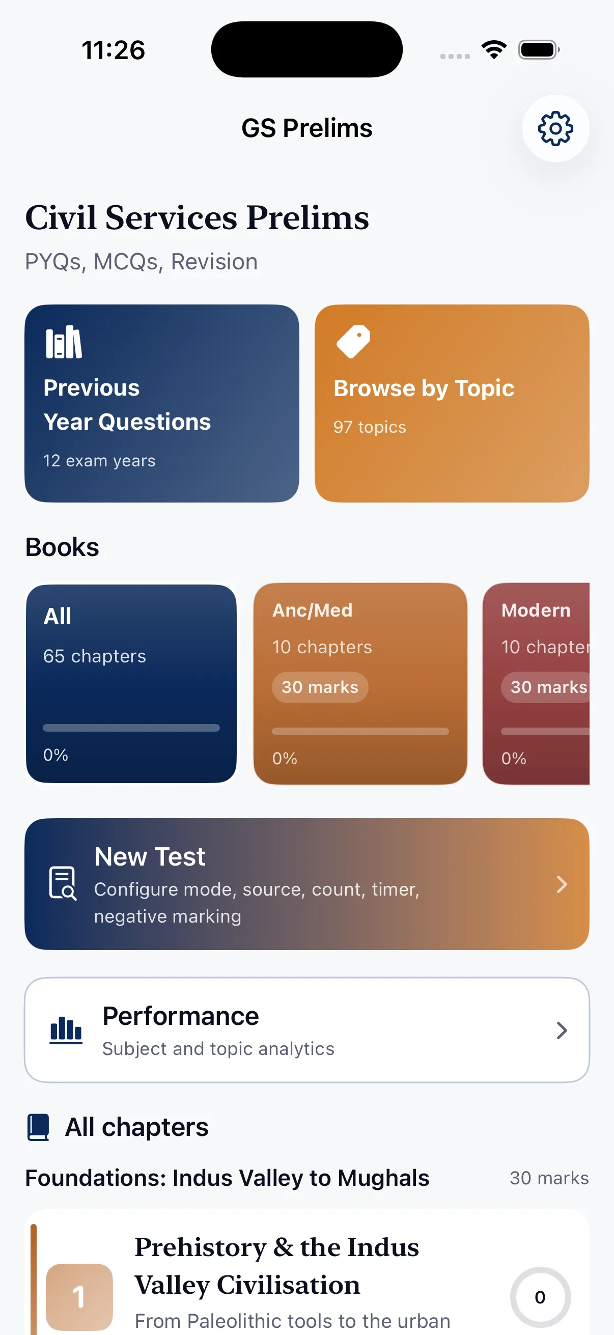 GS Prelims home with PYQs, topics, subject books and test builder